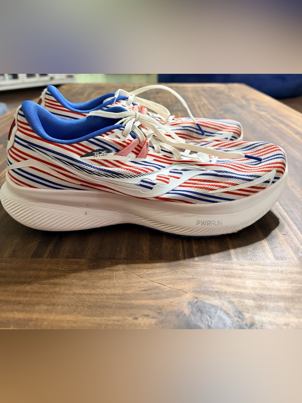 Saucony Ride 15 in Red, White & Blue Stripes